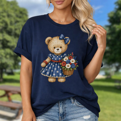 Patriotic Teddy Bear Girl with Floral Basket T-Shirt