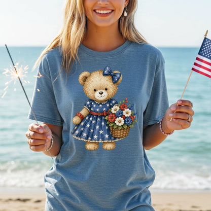 Patriotic Teddy Bear Girl with Floral Basket T-Shirt