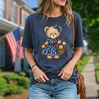 Patriotic Teddy Bear Girl with Floral Basket T-Shirt