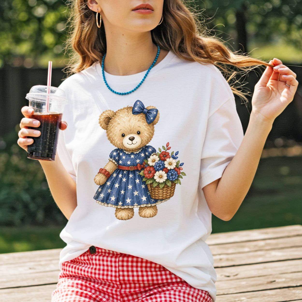 Patriotic Teddy Bear Girl with Floral Basket T-Shirt