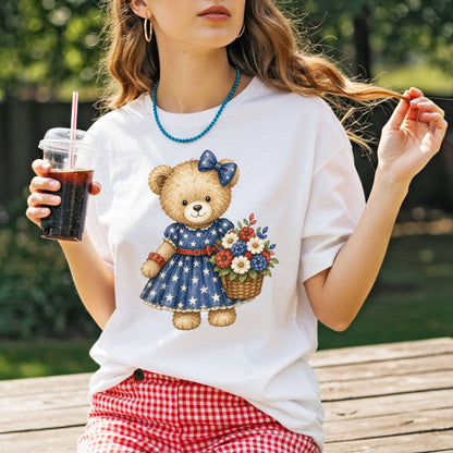 Patriotic Teddy Bear Girl with Floral Basket T-Shirt