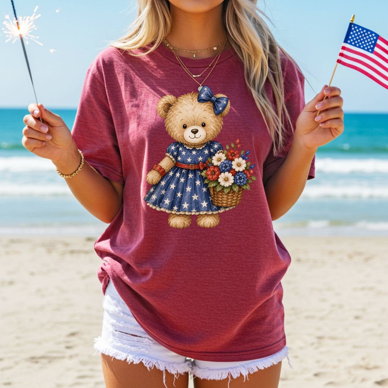 Patriotic Teddy Bear Girl with Floral Basket T-Shirt
