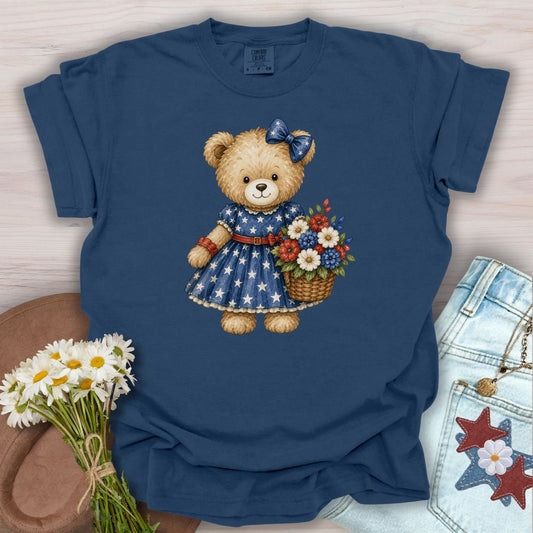 Patriotic Teddy Bear Girl with Floral Basket T-Shirt
