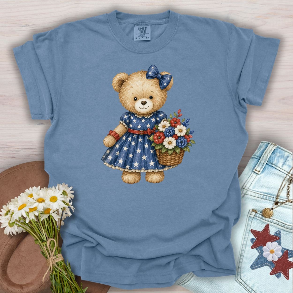 Patriotic Teddy Bear Girl with Floral Basket T-Shirt