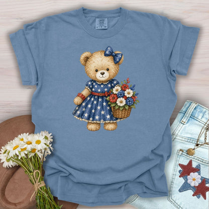 Patriotic Teddy Bear Girl with Floral Basket T-Shirt