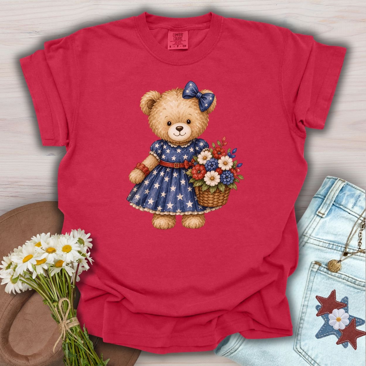 Patriotic Teddy Bear Girl with Floral Basket T-Shirt