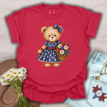 Patriotic Teddy Bear Girl with Floral Basket T-Shirt