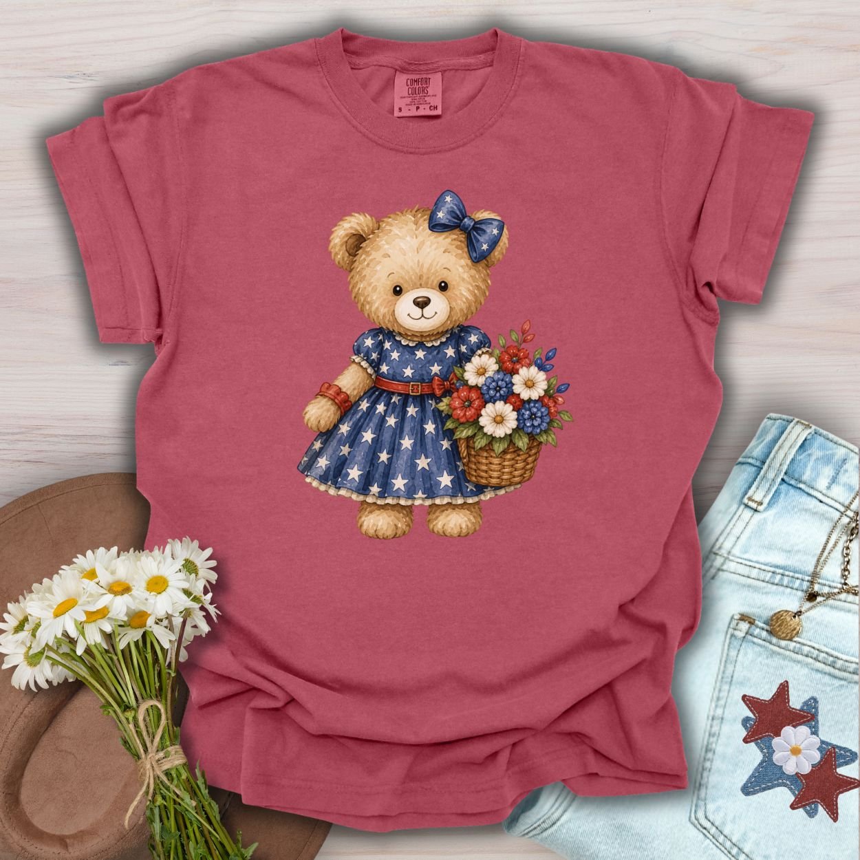 Patriotic Teddy Bear Girl with Floral Basket T-Shirt