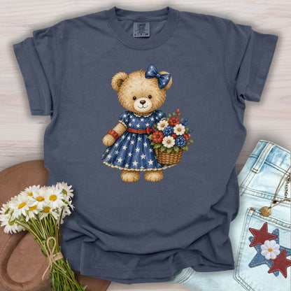 Patriotic Teddy Bear Girl with Floral Basket T-Shirt