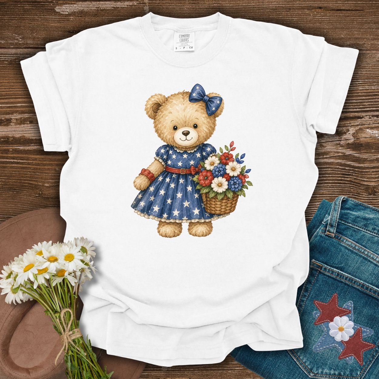 Patriotic Teddy Bear Girl with Floral Basket T-Shirt