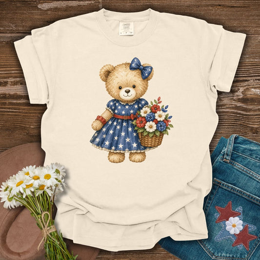 Patriotic Teddy Bear Girl with Floral Basket T-Shirt