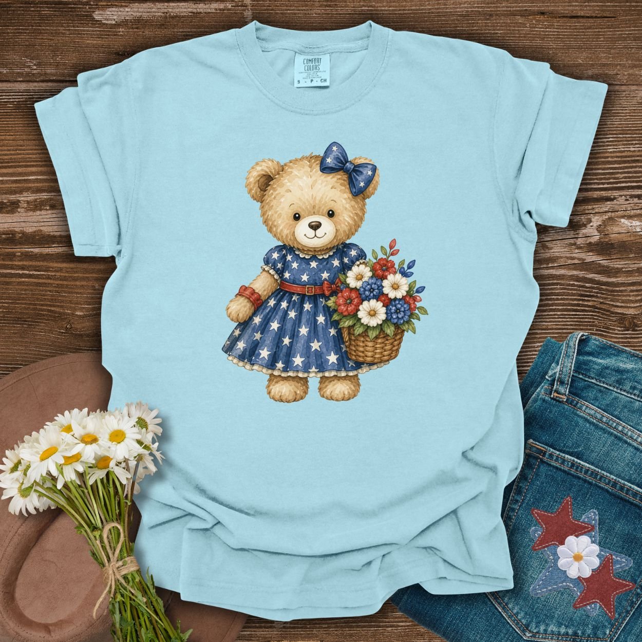 Patriotic Teddy Bear Girl with Floral Basket T-Shirt