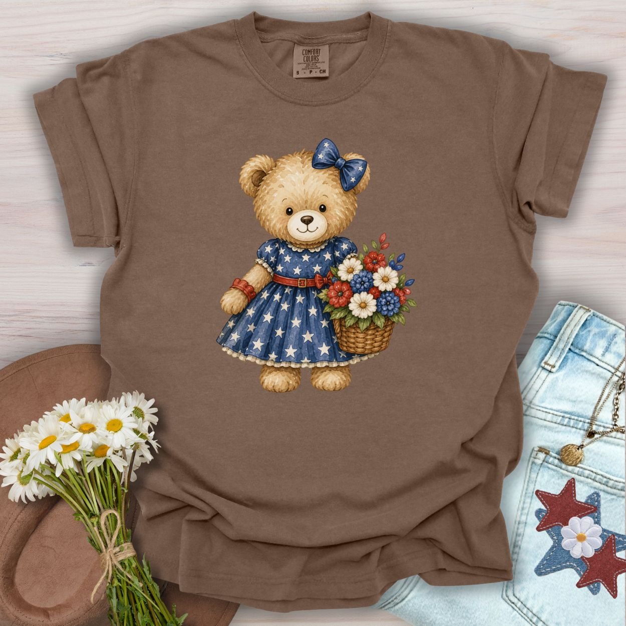 Patriotic Teddy Bear Girl with Floral Basket T-Shirt