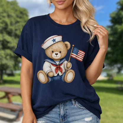 Patriotic Teddy Bear Sailor with Flag T-Shirt