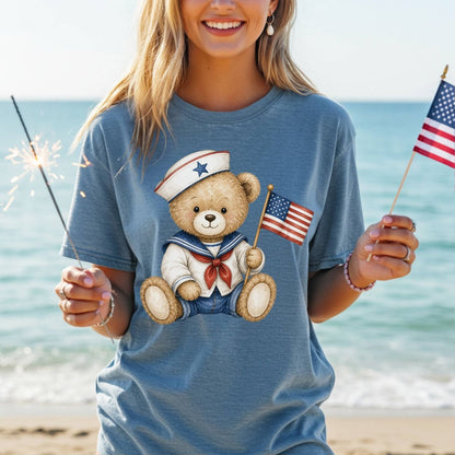 Patriotic Teddy Bear Sailor with Flag T-Shirt