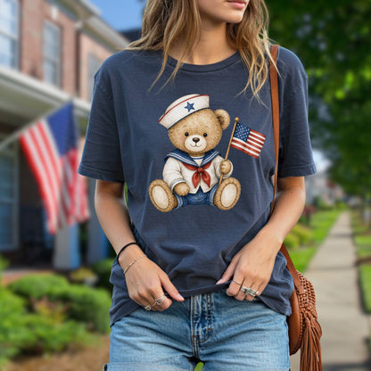 Patriotic Teddy Bear Sailor with Flag T-Shirt