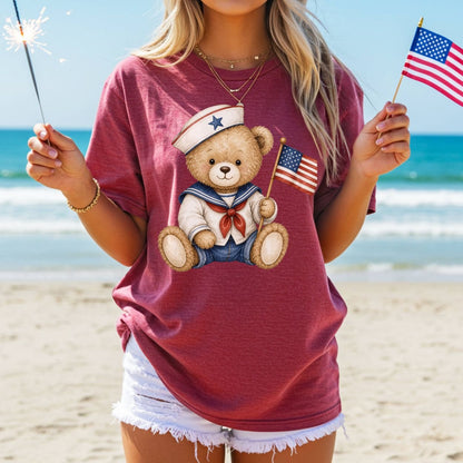 Patriotic Teddy Bear Sailor with Flag T-Shirt