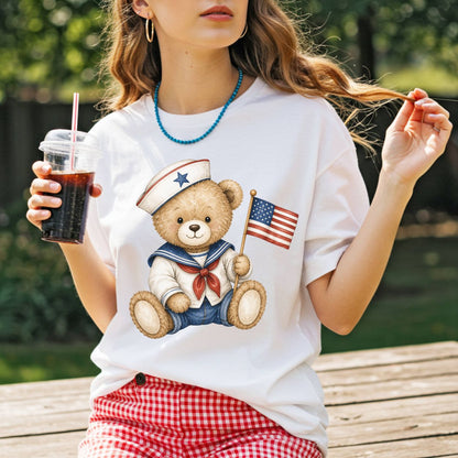 Patriotic Teddy Bear Sailor with Flag T-Shirt