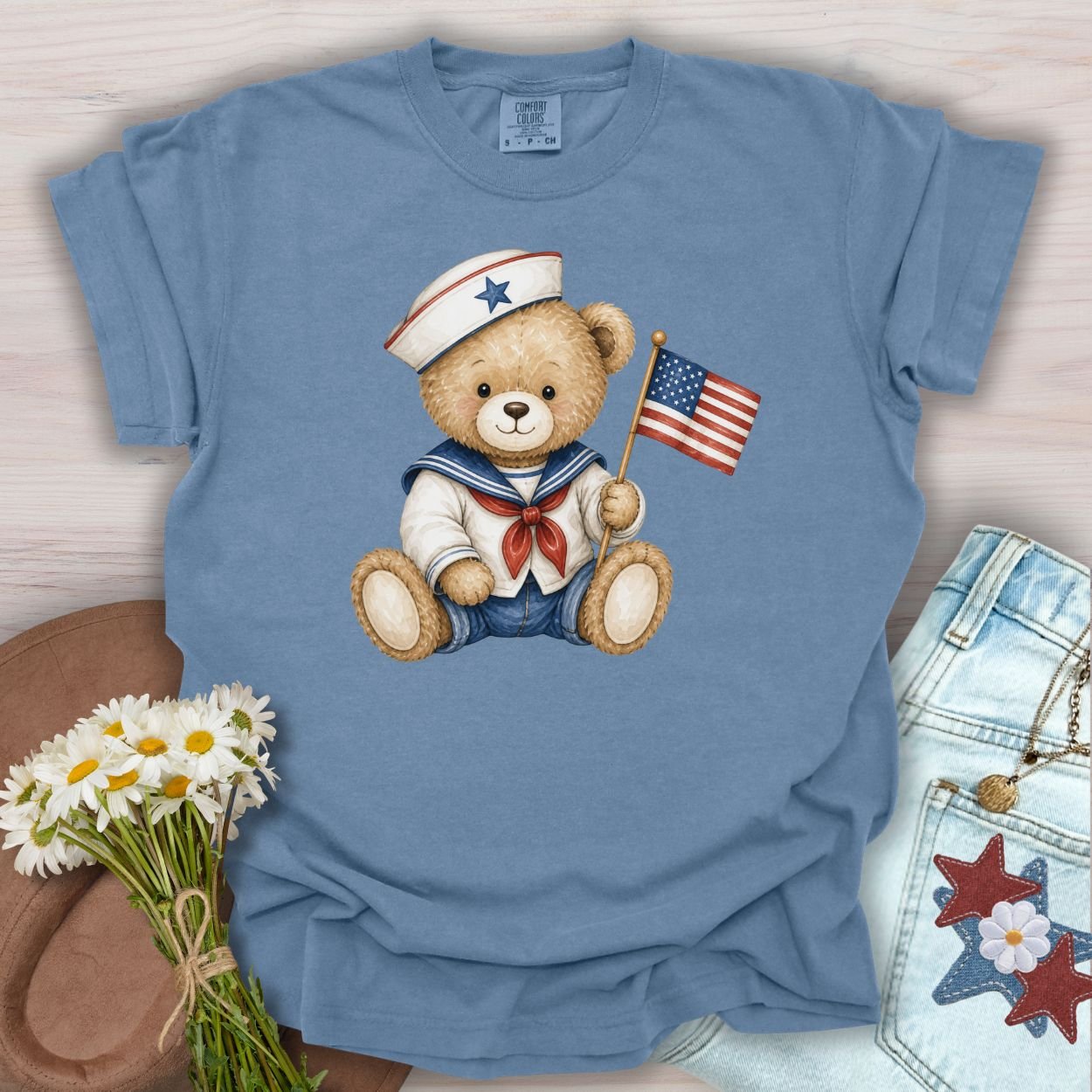 Patriotic Teddy Bear Sailor with Flag T-Shirt