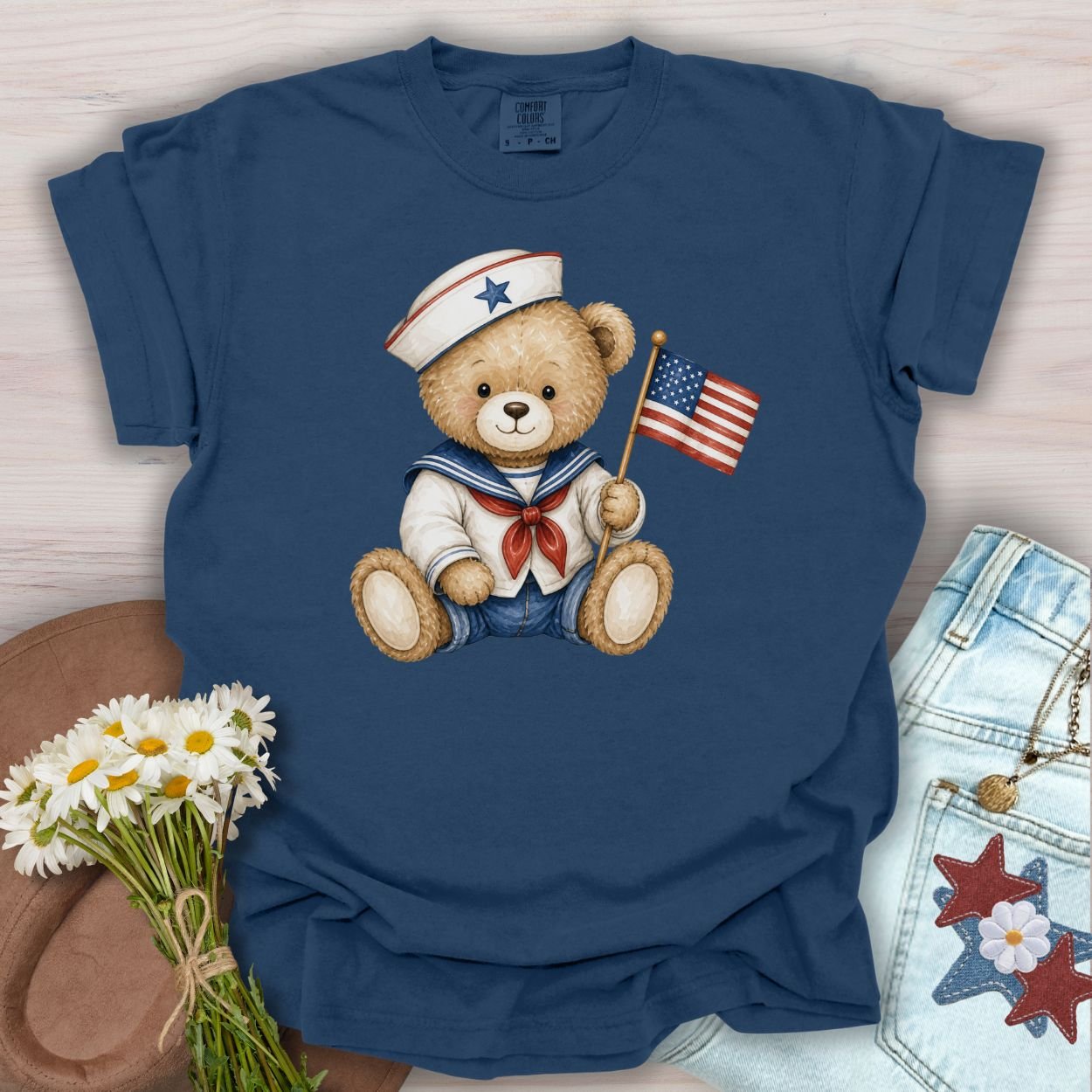 Patriotic Teddy Bear Sailor with Flag T-Shirt