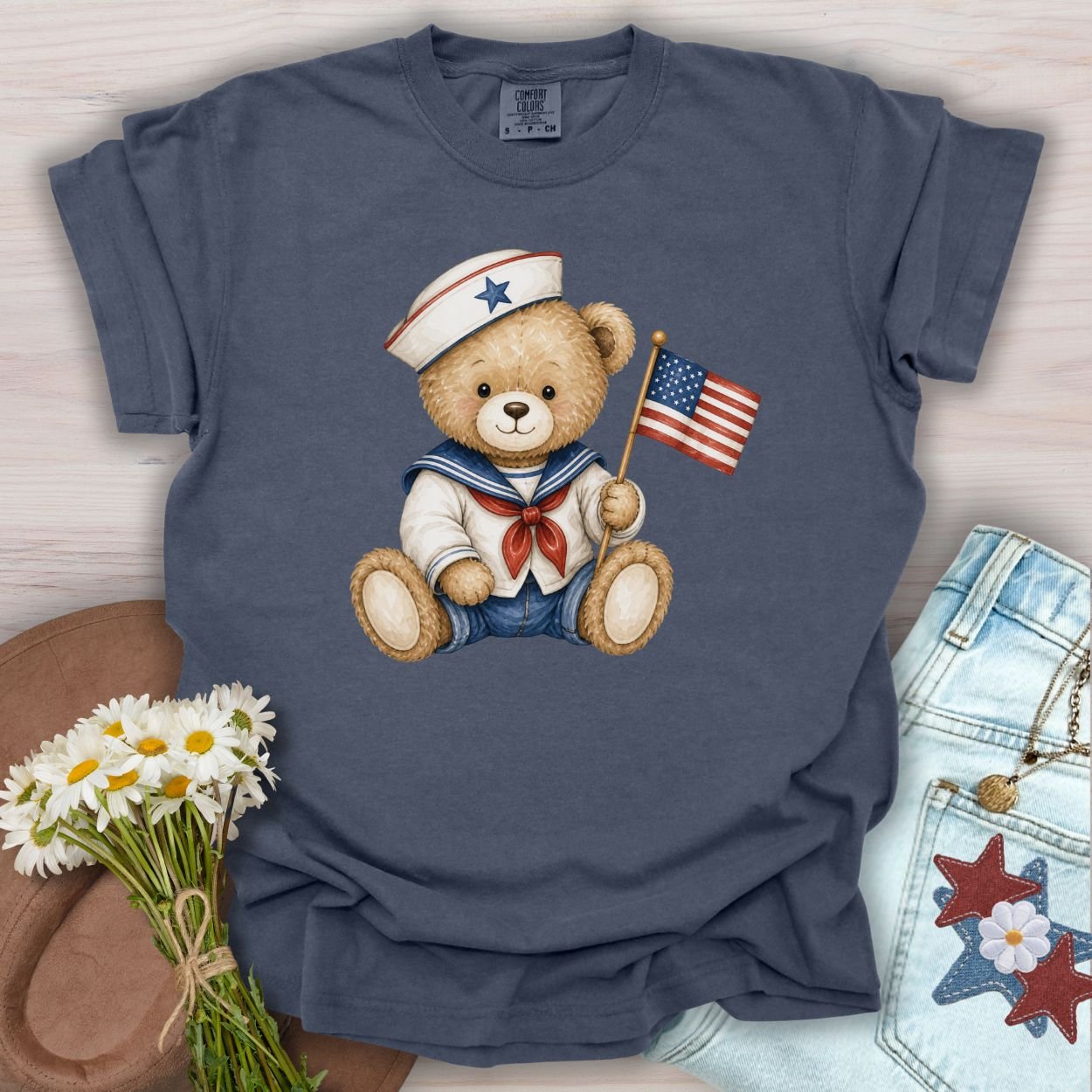 Patriotic Teddy Bear Sailor with Flag T-Shirt
