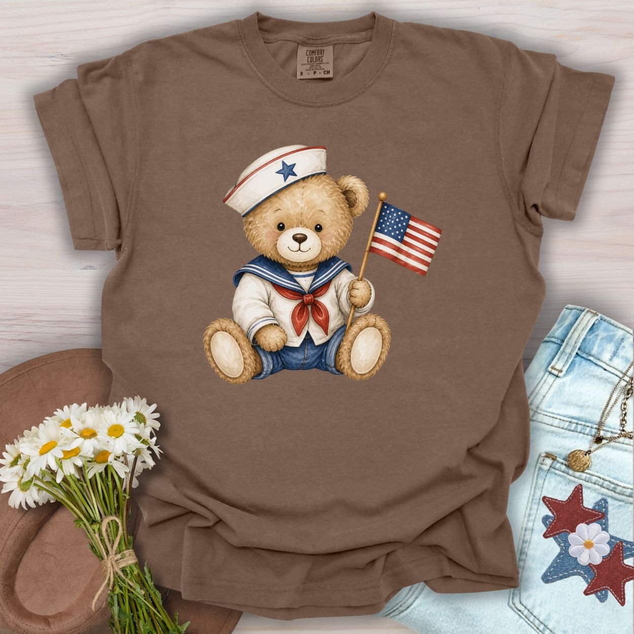 Patriotic Teddy Bear Sailor with Flag T-Shirt