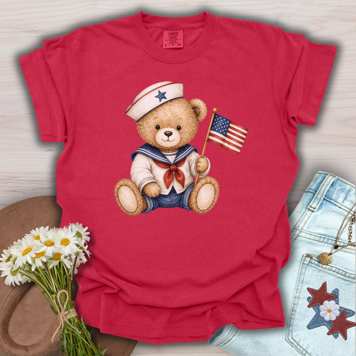 Patriotic Teddy Bear Sailor with Flag T-Shirt