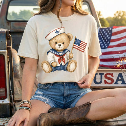 Patriotic Teddy Bear Sailor with Flag T-Shirt