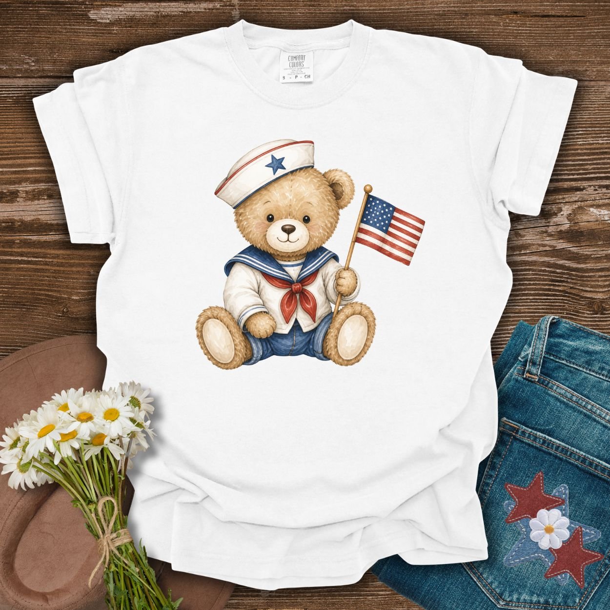 Patriotic Teddy Bear Sailor with Flag T-Shirt