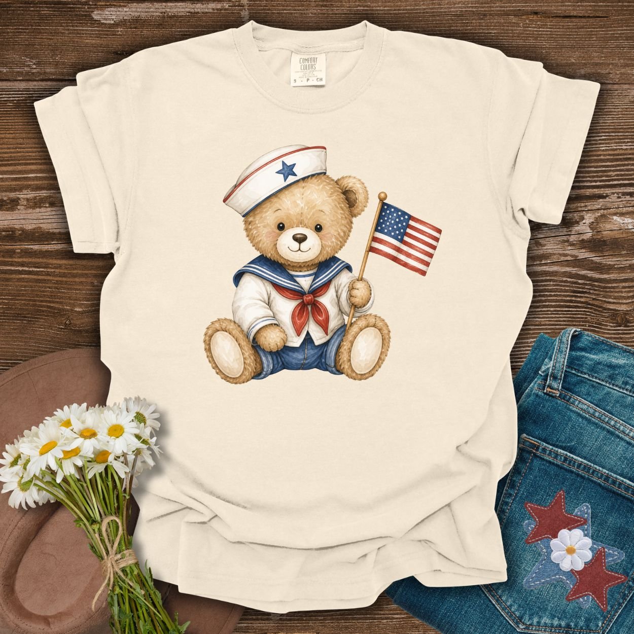 Patriotic Teddy Bear Sailor with Flag T-Shirt