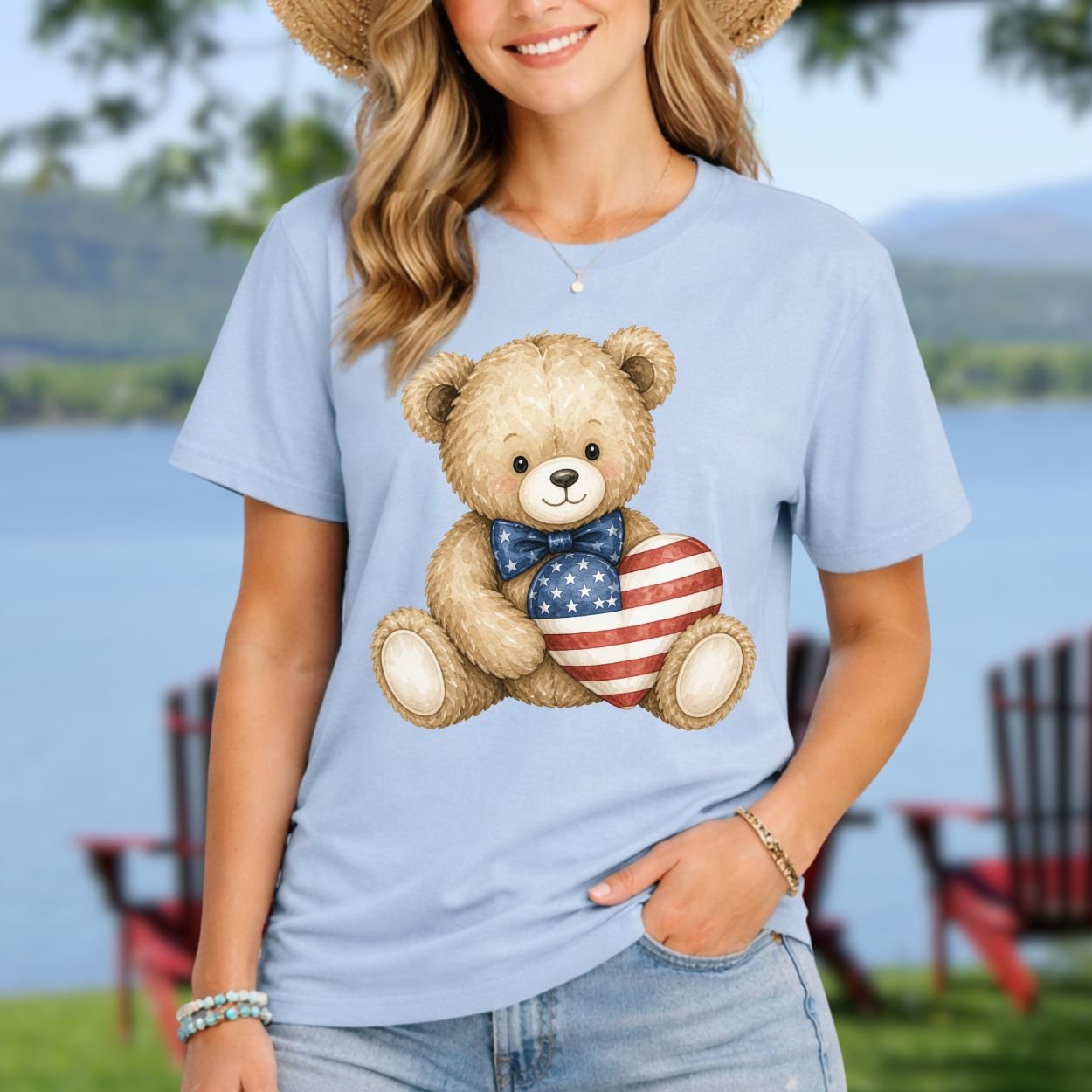 Patriotic Teddy Bear with American Flag Heart T-Shirt