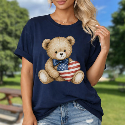 Patriotic Teddy Bear with American Flag Heart T-Shirt