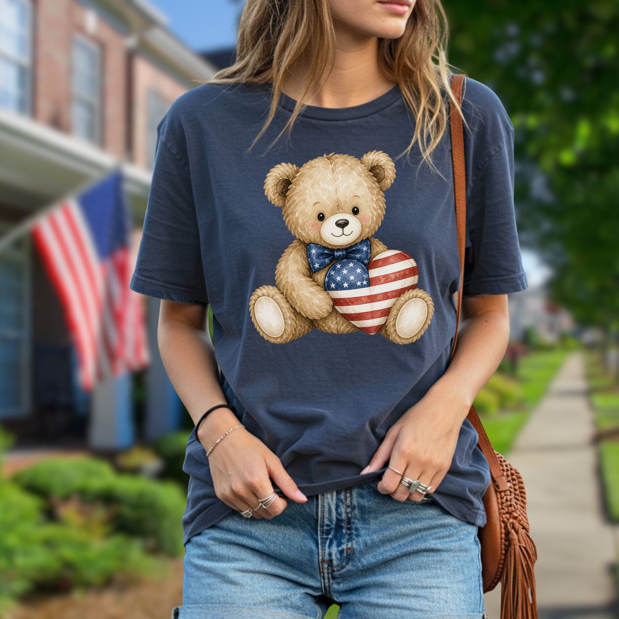 Patriotic Teddy Bear with American Flag Heart T-Shirt