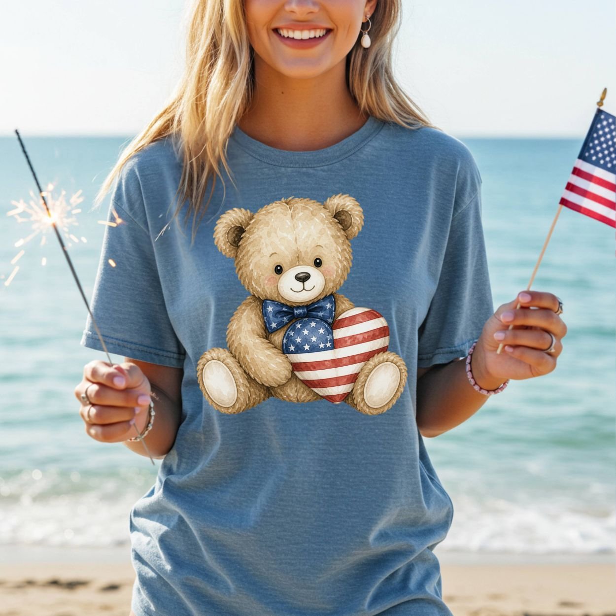 Patriotic Teddy Bear with American Flag Heart T-Shirt