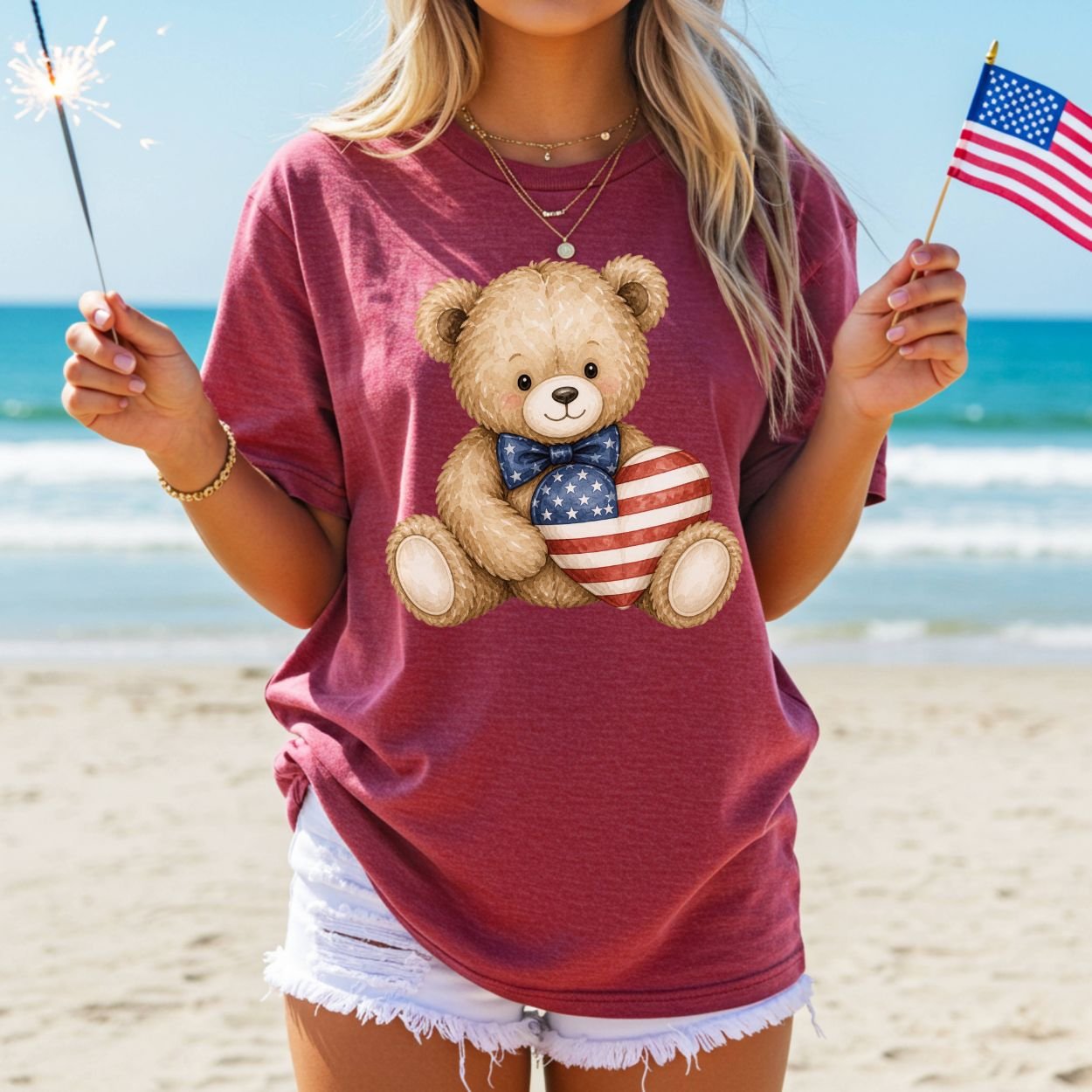 Patriotic Teddy Bear with American Flag Heart T-Shirt