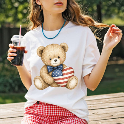 Patriotic Teddy Bear with American Flag Heart T-Shirt