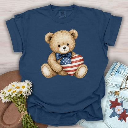 Patriotic Teddy Bear with American Flag Heart T-Shirt