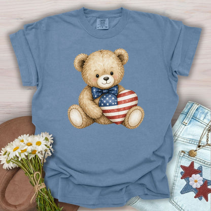 Patriotic Teddy Bear with American Flag Heart T-Shirt