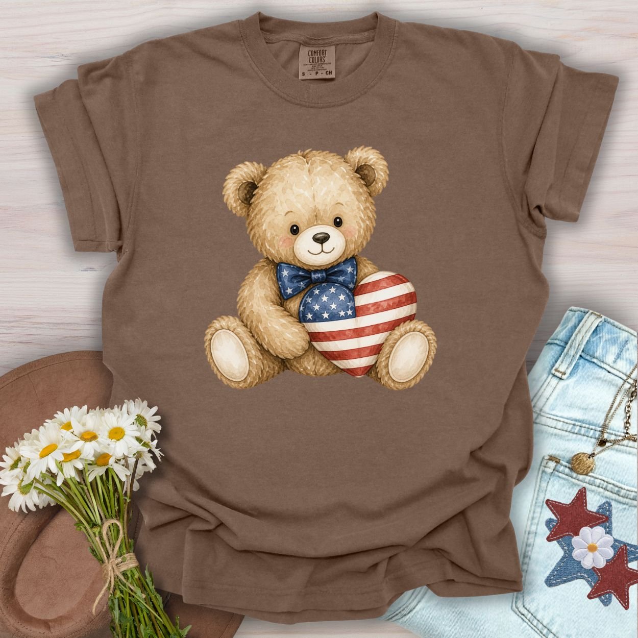 Patriotic Teddy Bear with American Flag Heart T-Shirt