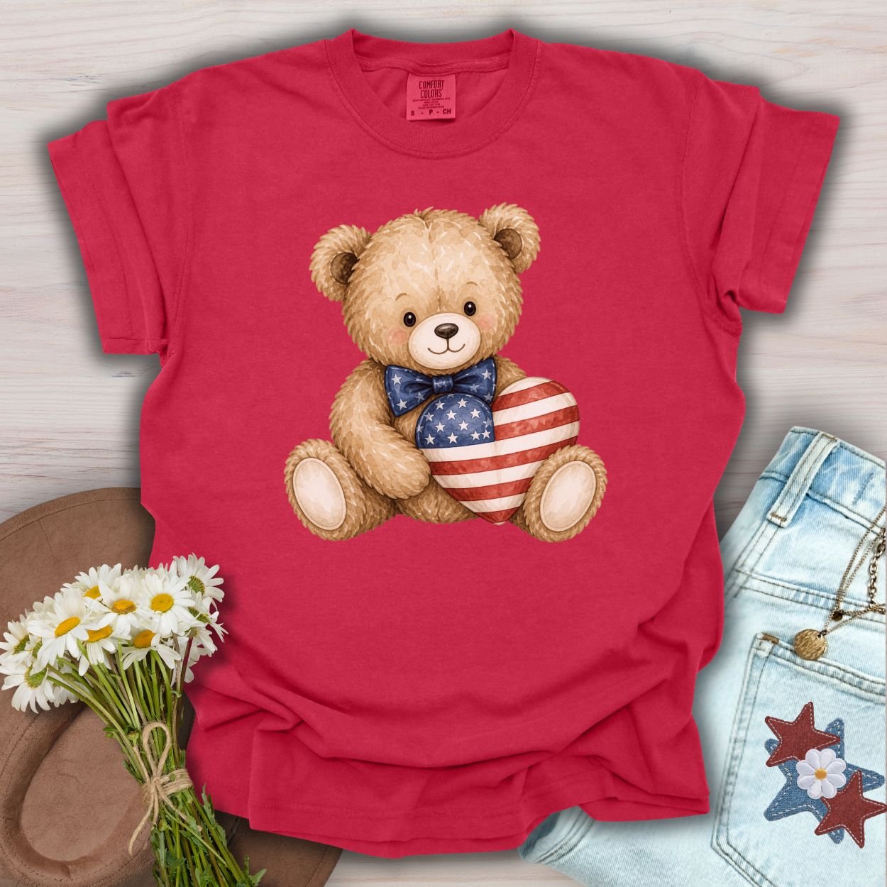 Patriotic Teddy Bear with American Flag Heart T-Shirt