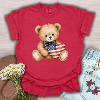 Patriotic Teddy Bear with American Flag Heart T-Shirt