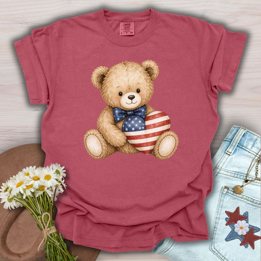 Patriotic Teddy Bear with American Flag Heart T-Shirt