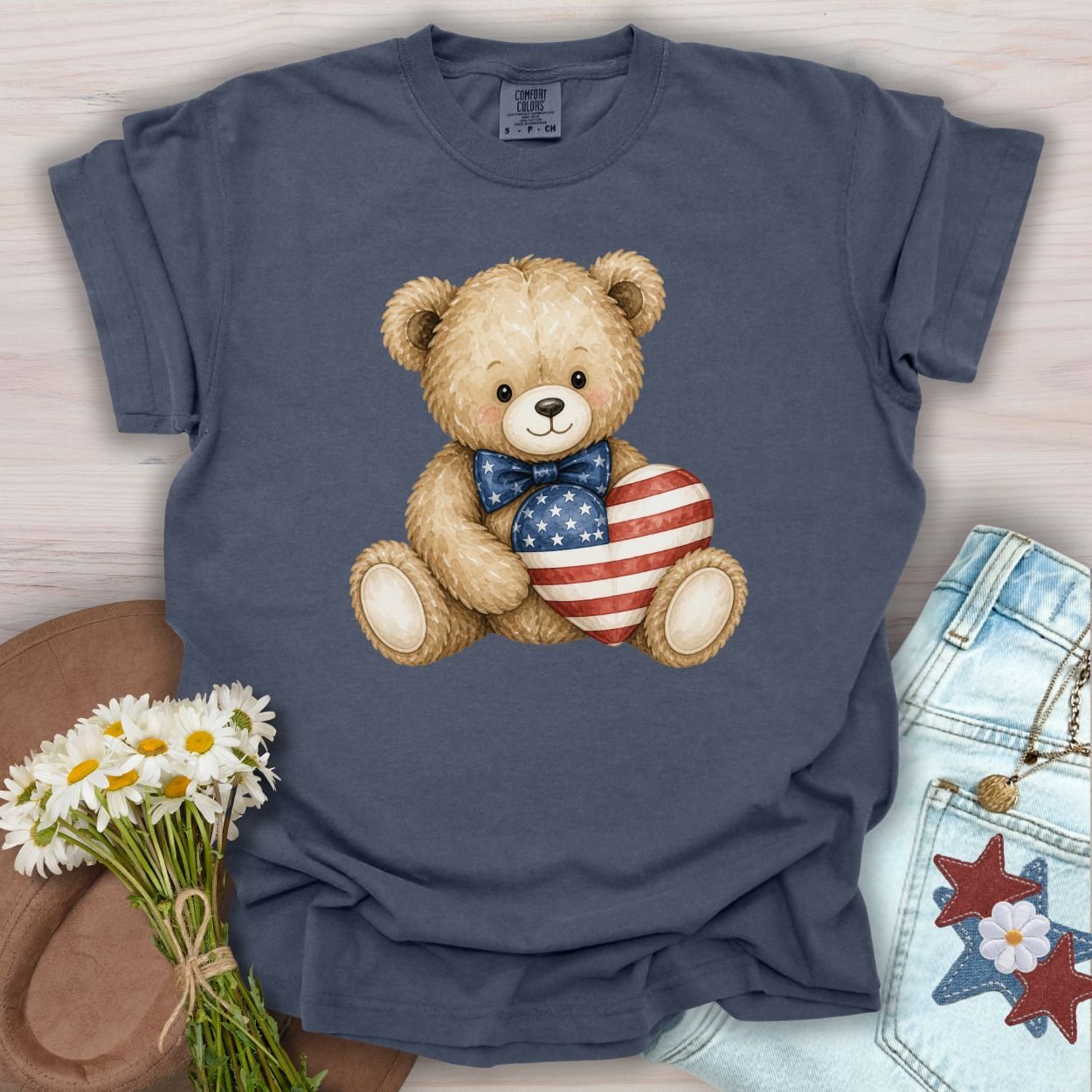 Patriotic Teddy Bear with American Flag Heart T-Shirt