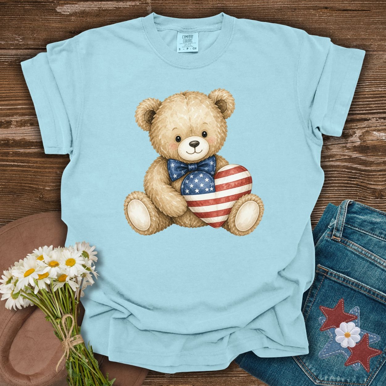 Patriotic Teddy Bear with American Flag Heart T-Shirt