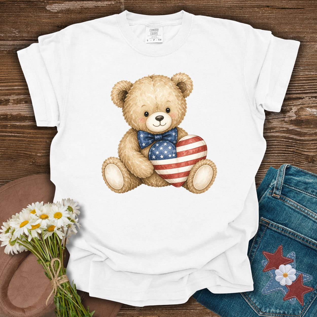 Patriotic Teddy Bear with American Flag Heart T-Shirt