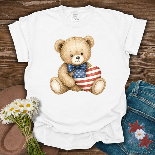 Patriotic Teddy Bear with American Flag Heart T-Shirt
