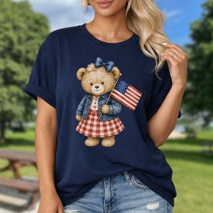 Patriotic Teddy Bear Girl with Gingham Dress T-Shirt