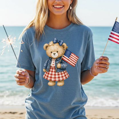 Patriotic Teddy Bear Girl with Gingham Dress T-Shirt