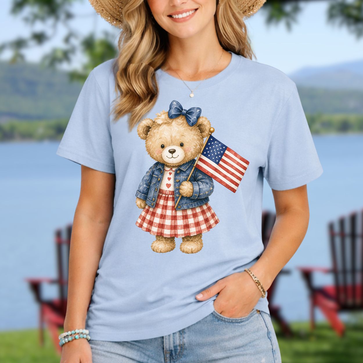 Patriotic Teddy Bear Girl with Gingham Dress T-Shirt