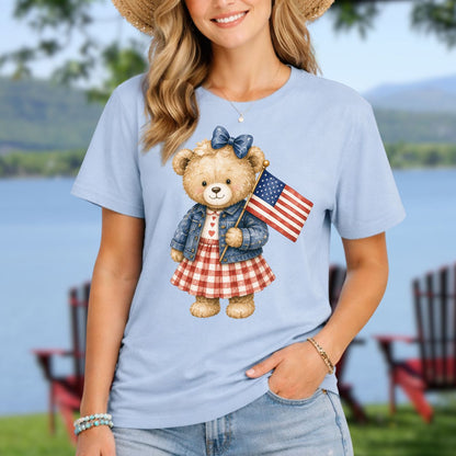 Patriotic Teddy Bear Girl with Gingham Dress T-Shirt